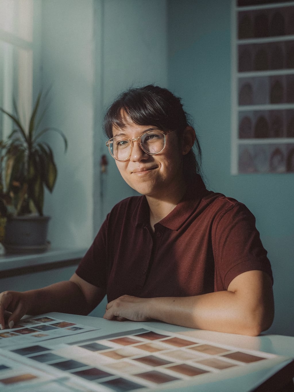 Photorealistic medium eye-level smartphone-style shot of a warm, calm woman in her late twenties, mixed-race with light 